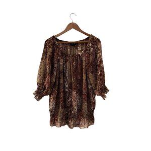 Ivy Chic Brown Womens Boho Paisley Print 3/4 Sleeve Peasant Blouse 1X